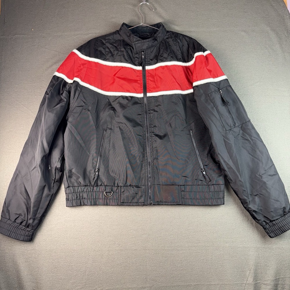 Biker Design Motorcycle Jacket Mens Large Black Red Water Resistant Nylon Shell